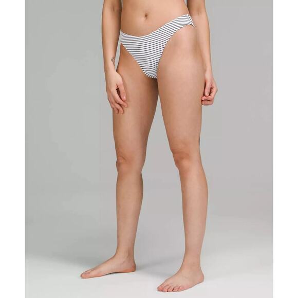 Lululemon Blue & White Smocked Stripe Pattern Mid Rise Skimpy Swim Bottom Size 8 - Picture 1 of 4